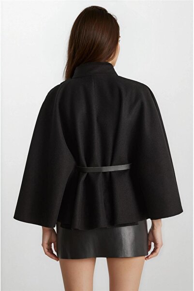 WeShaya Μαύρο χρυσό μάλλινο πανσό με λεπτομέρεια με κουμπιά και ζώνη