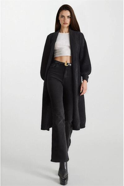 WeShaya سترة تريكو طويلة ذات ياقة شال وشعرية ناعمة باللون الأسود