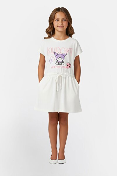 Disney x Kuromi Kids Girl Crew Neck Graphic Print Dress, White