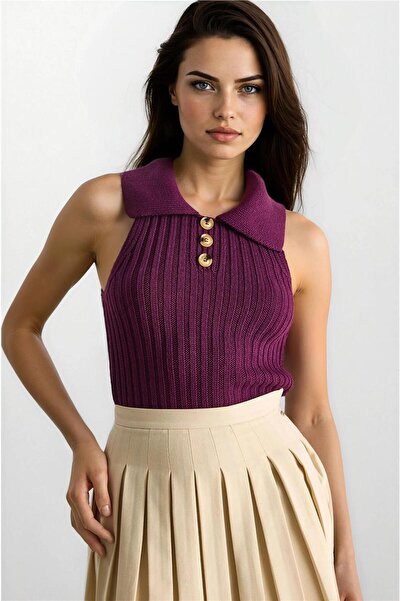 WeShaya بلوزة تريكو بدون أكمام بياقة مزينة بأزرار بلون البرقوق