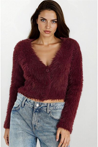 WeShaya Burgundy V-Neck Buttoned Soft Bearded Knitwear Cardigan