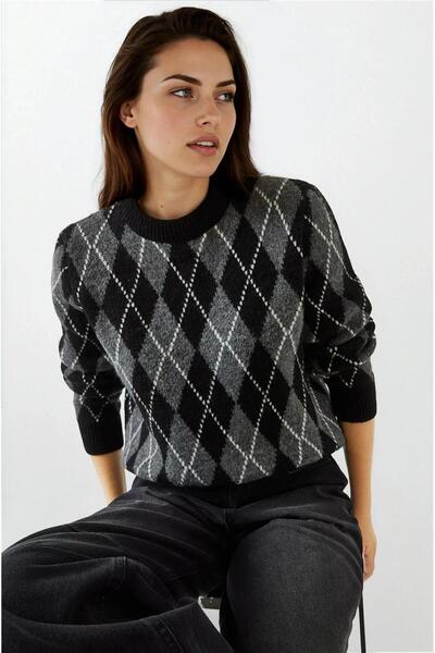 WeShaya Pulover tricotat cu model Baklava, negru-antracit