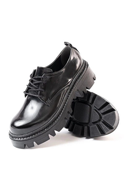 KÖMEN 868-754 Black Patent Leather Laced Daily High-Sole Loafer Shoes