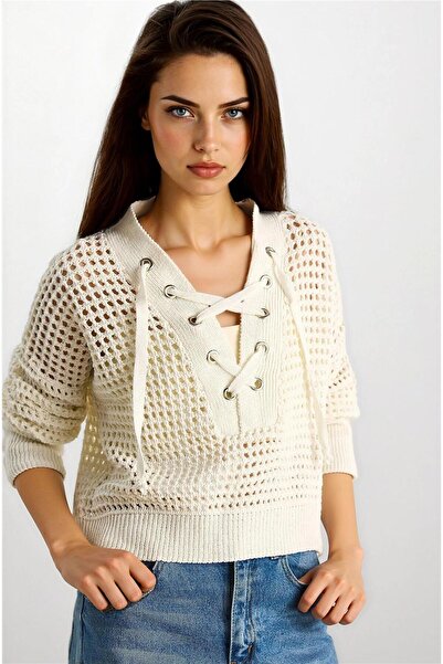 WeShaya Ecru Lace-Up Openwork Cotton Blend Knit Sweater
