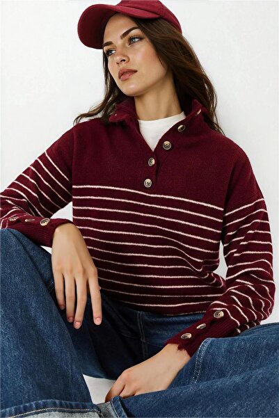 WeShaya Πλεκτό πουλόβερ με κουμπιά μπορντό-εκρού