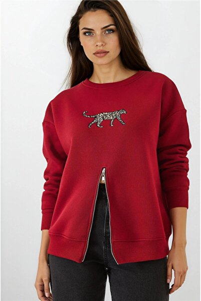 WeShaya Burgundy Three Thread Raised Leopard Pattern Zippered Sweatshirt