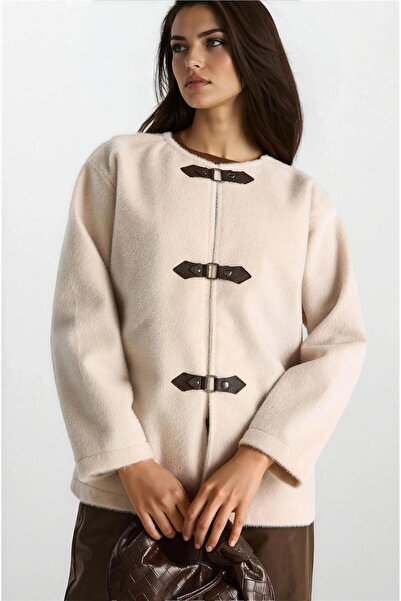 WeShaya Palton scurt din lână texturată, căptușit cu cataramă din piele de pi...