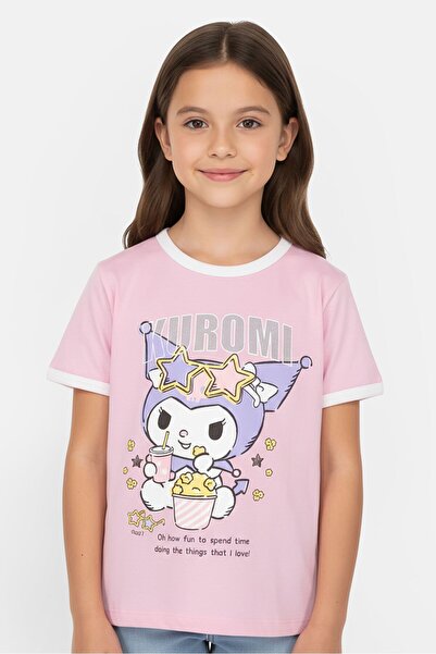 Disney x Kuromi Kids Girl Crew Neck Short Sleeve Graphic Print T-Shirt, Pink