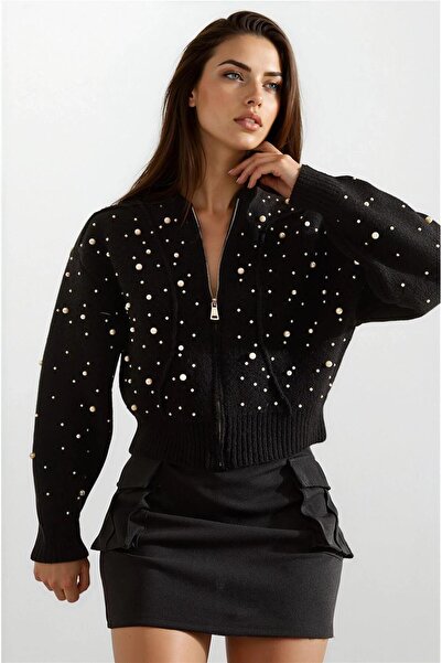 WeShaya Μαύρη πλεκτή ζακέτα με φερμουάρ με κέντημα με μαργαριτάρια