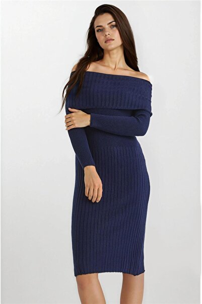 WeShaya Navy Blue Corduroy Madonna Collar Long Sleeve Knitwear Dress