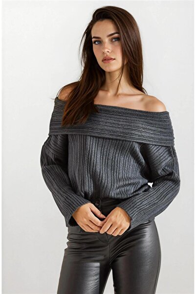 WeShaya سترة تريكو بأكمام طويلة وياقة ديجاجيه مفتوحة على الكتف بلون أنثراسيت