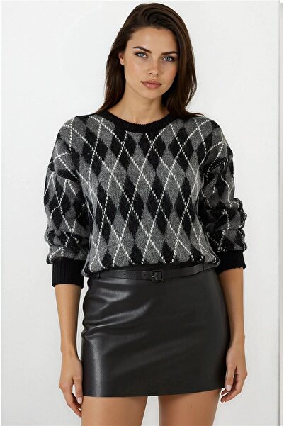 WeShaya Pulover tricotat cu gât rotund cu model Baklava negru