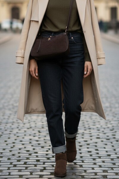 Morlex KADIN ACI KAHVERENGİ SÜET İÇİ KÜRKLÜ KALIN TABAN TOPUKLU BİLEKTE KISA KADIN BOT & BOOTİE