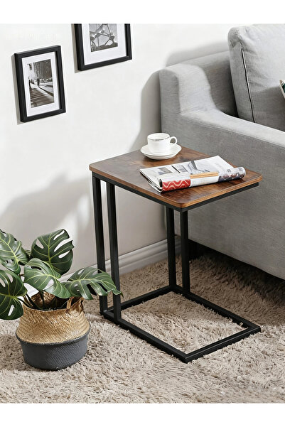 Enjoylifeme C-Shaped Side Table Modern Coffee Table with Wood Top and Black Metal Laptop Stand 40X30X60CM