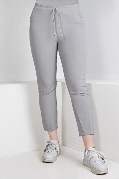 TRENDTESETTÜR WOMEN'S GRAY WAIST RUBBERED STRAIGHT CUT TROUSERS T 10001
