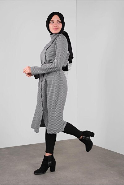 TRENDTESETTÜR Women's Black (Black-Cream) Cotton Buttoned Hawkneck Patterned Trench Coat 5755