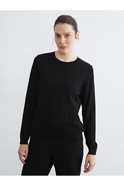 LC Waikiki Black Crew Neck Stone Women's Knitwear Sweater