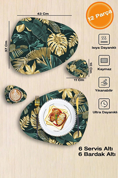 Valerine Life Green Gold American Leather - Covoraș anti-alunecare cu model frunze de palmier 12 bucăți pentru 6 persoane