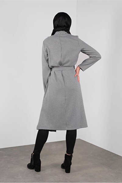 TRENDTESETTÜR Women's Black (Black-Cream) Cotton Buttoned Hawkneck Patterned Trench Coat 5755