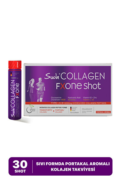 Suda Collagen FXONE Portakal Shot - Tip I-II-III Kolajen + C,Zn,K2,D3,Hyaluronik | Eklem Sağlığı | 40mlx30