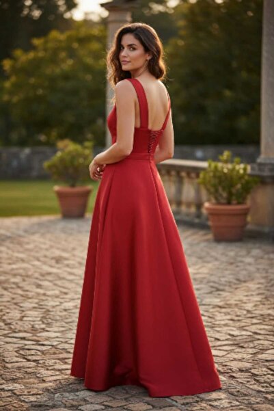 FİYPER Red Square Neck Satin Evening Dress Maxi Length