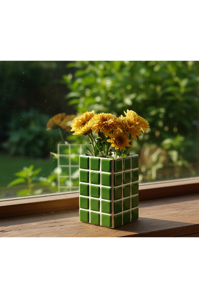 Tasarım El Yapımı Mozaik Seramik Vazo – Renkli Geometrik Desenli Vazo