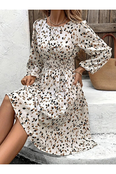 Genel Markalar Kadın Uzun Kollu Bot Yaka Beli Lastikli Midi Süprem Elbise