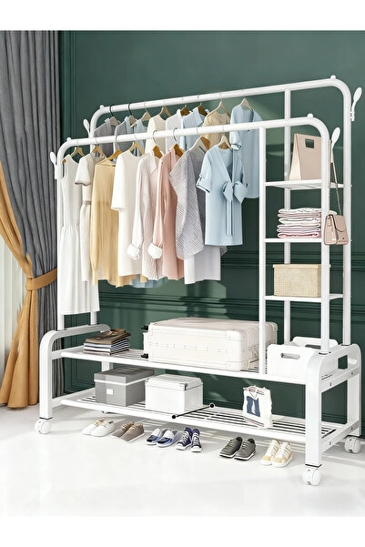 Enjoylifeme منظم شماعات ملابس معدني مع حامل ملابس وأرفف جانبية باللون الأسود مع عجلات 110 × 55 × 156 سم