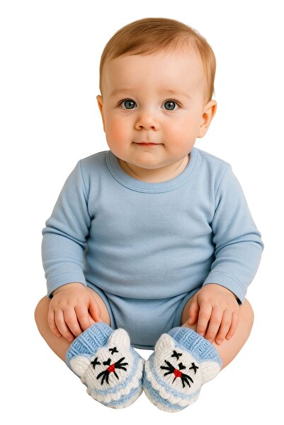 Uretti - Çiğdem 1390 6717 Hand Knitted Rabbit Patterned Blue Baby Booties / 12 - 24 Months