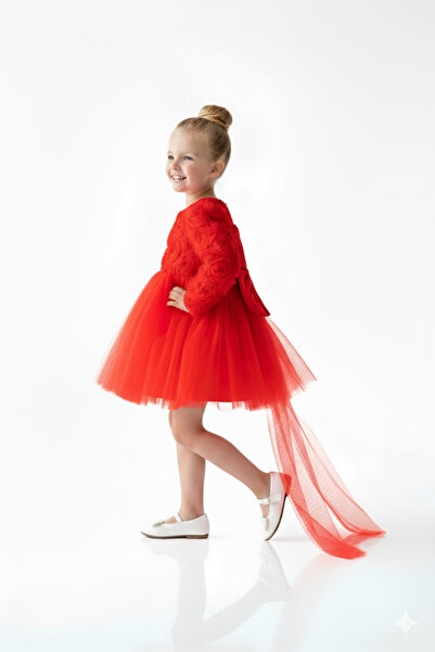 ALYRA Rochie pentru fetiță cu mâneci lungi, cu fundă, cu trandafiri, petrecere de aniversare, nuntă, ocazie specială, rochie de seară, rochie pentru fetiță