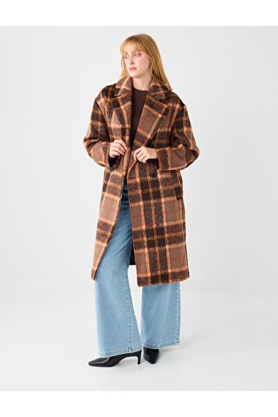 Jimmy Key Orange Double-Breasted Collar Plaid Patterned Cashmere Coat