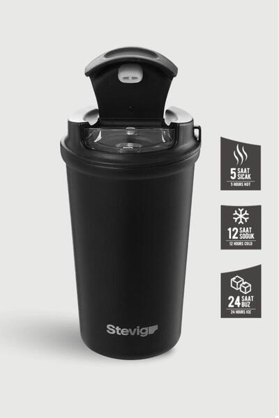 Stevig 4 Work Flip Open Coffee Mug Steel Thermos 400 ml Black St-250