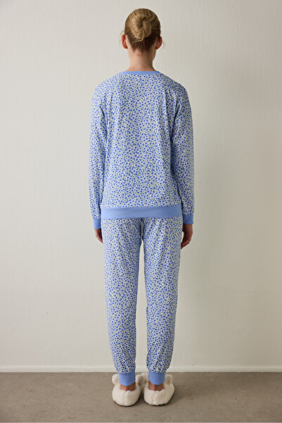 Penti Blue Floral Pattern Crew Neck Cotton Long Sleeve Pajama Set