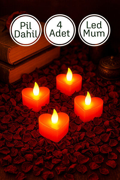 Telvesse 4 Adet Kalp Mum Kırmızı Mini Led Mum Seti Pilli Dumansız Alevli Ledl...