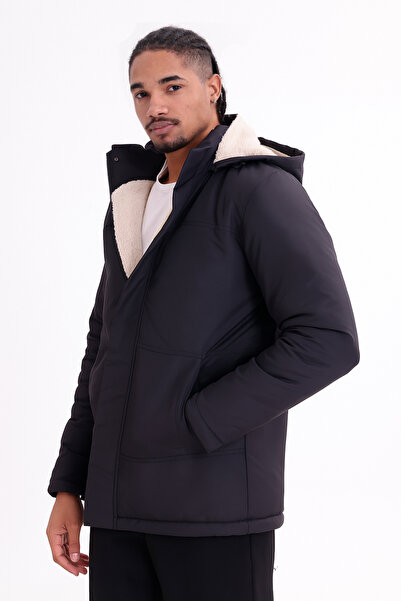 Montland Pánský černý zimní kabát a bunda s kapucí, plyšovou podšívkou, odolný proti vodě a chladu