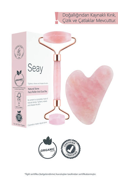 Seay Pembe Kuvars Face Roller Ve Kalp Gua Sha Yüz Masaj Aleti Seti Değerli Doğaltaş Sertifikalı