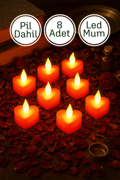 Telvesse 8 Adet Kalp Mum Kırmızı Mini Led Mum Seti Pilli Dumansız Alevli Ledl...