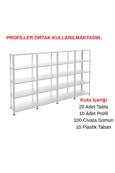 RafBurada 5 Katlı 4'lü Galvaniz Çelik Raf - Depo, Arşiv, Kiler, Dosya, Market Rafı 31x60 cm-200 cm-0.70 mm