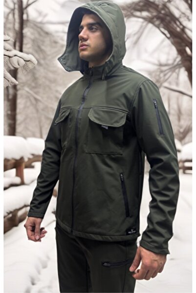 Polviton Ανδρικό παλτό Softshell ανθεκτικό στο νερό και τον άνεμο με φλις εσωτερικά, μπορεί να χρησιμοποιηθεί με κουκούλα και χωρίς κουκούλα