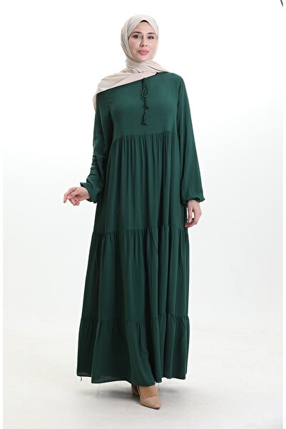 sefamerve Collar Lace-Up Layered Dress 4107-13 Emerald Green
