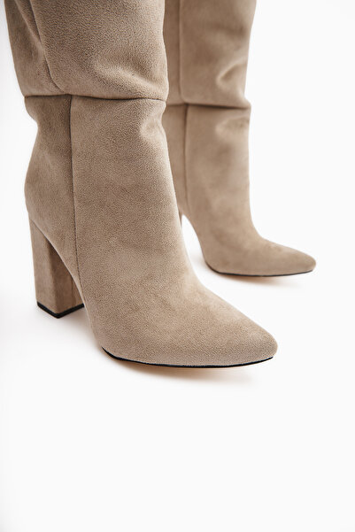 Limoya Cizme de damă Loren Bej din piele intoarsa cu toc inalt pana la genunchi