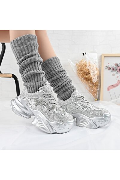 Tmall Pantofi sport pentru femei, din material textil cu pietre, D1381, argintii