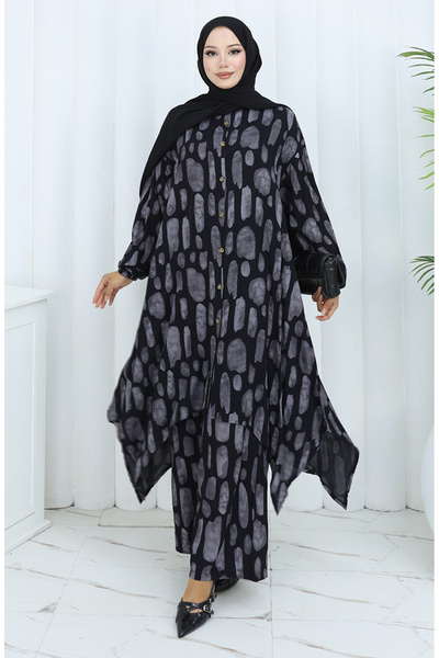 sefamerve Viscose Fabric Tunic Trousers Double Set 2138-04 Black Beige