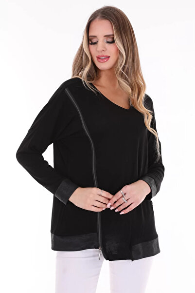 aytemas Side Zipper Faux Leather Detailed Blouse