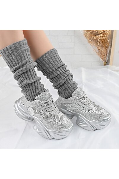 Tmall Pantofi sport pentru femei, din material textil cu pietre, D1381, argintii