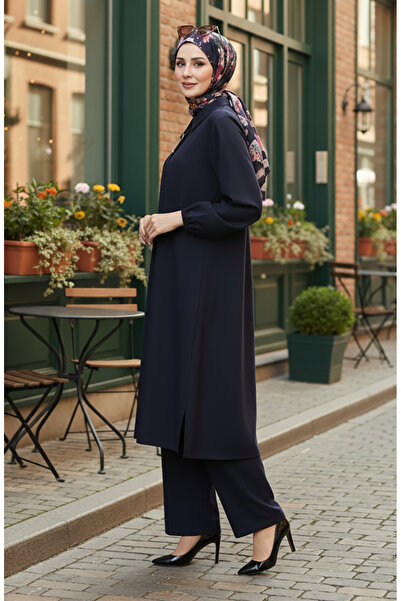 sefamerve Shirt collar tunic pants double set 0123-05 navy blue