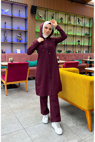 sefamerve Buttoned Hooded Tracksuit Suit 3072-05 Claret Red