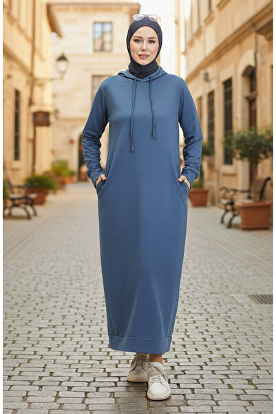 sefamerve Indigofarbenes Sportkleid mit Kapuze – 0190-21 Zwei Fäden