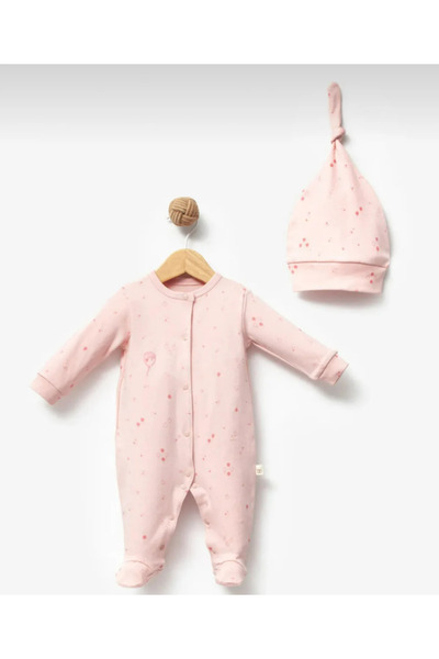 Bubbless 100% Organic Pink Balloon Booties Jumpsuit with Hat