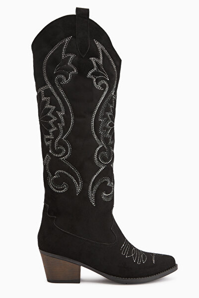 Limoya Dani Siyah Süet Nakış Detaylı Sivri Burunlu Western, Kovboy Kadın Çizme